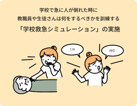 学校で急に人が倒れた時に教職員や生徒さんは何をするべきかを訓練する「学校救急シミュレーション」の実施